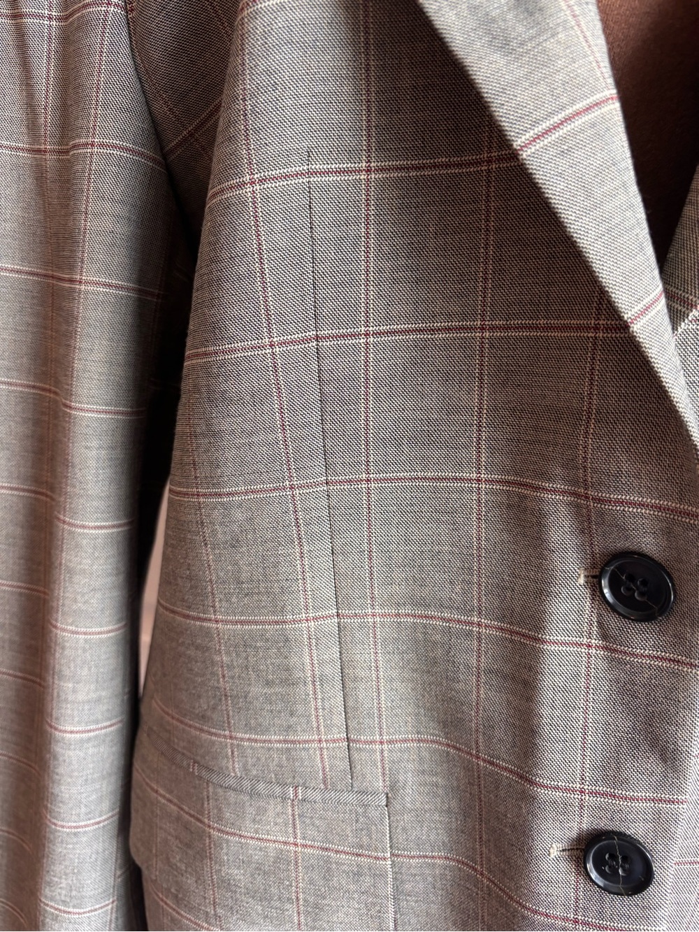 FRAME Women’s Plaid Windowpane Blazer L Gray Taupe Red Tailored - Picture 2 of 13